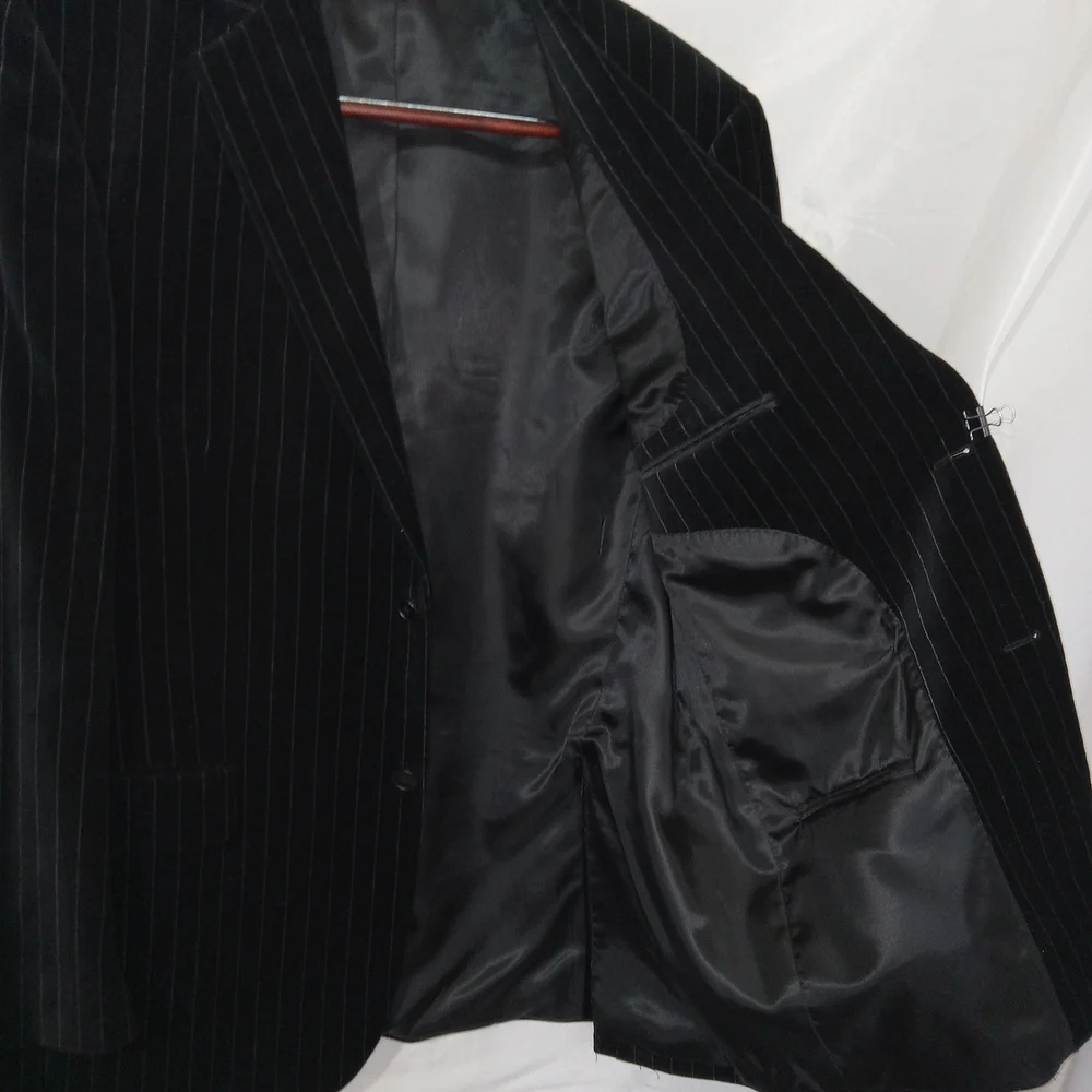 Andrew Fezza Velvet Pinstripe Blazer Mens 42R Black Luxury Sport Coat